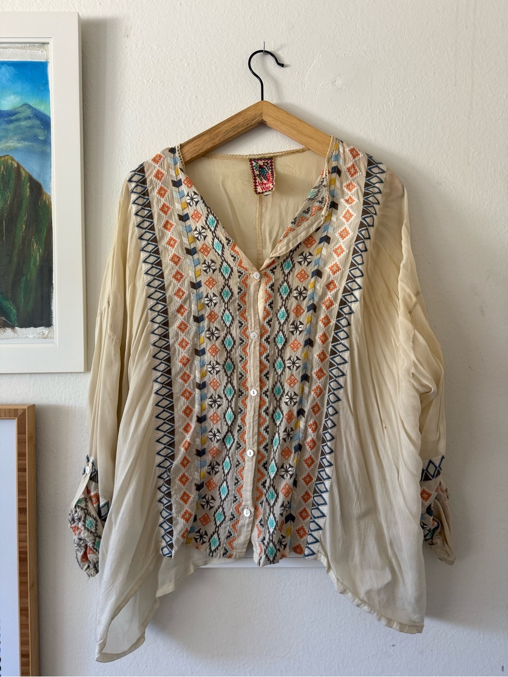 Johnny Was Embroidered Boho Button-Front Women's Top in Cream